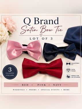 Q Brand Red Pink Navy Blue Satin Bow Tie Lot of 3 Adjustable 5 Inch Wide